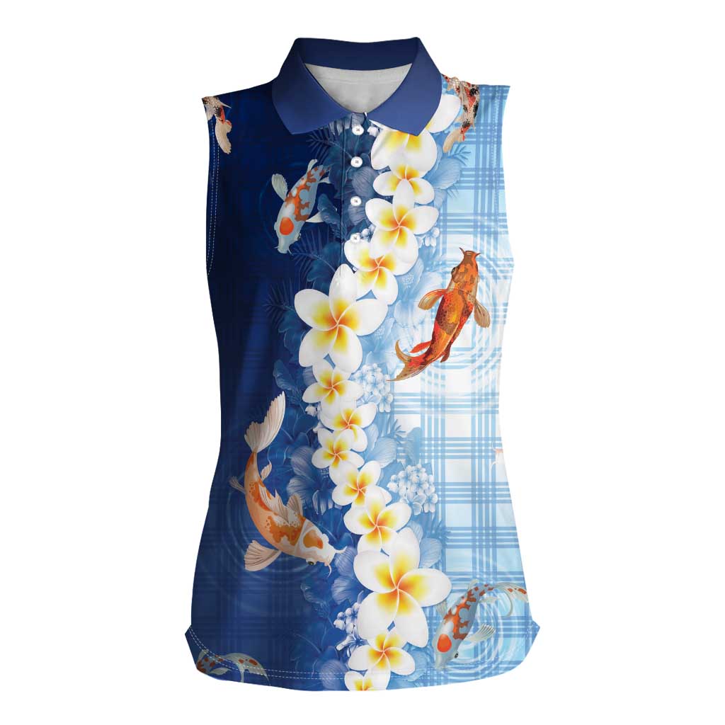 Hawaii And Japan Women Sleeveless Polo Shirt Plumeria Lei With Koi Fish Blue LT05 Female Blue - Polynesian Pride