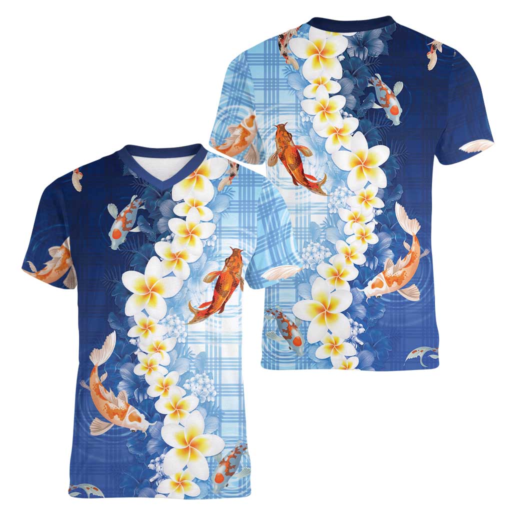 Hawaii And Japan Women V-Neck T-Shirt Plumeria Lei With Koi Fish Blue LT05 - Polynesian Pride