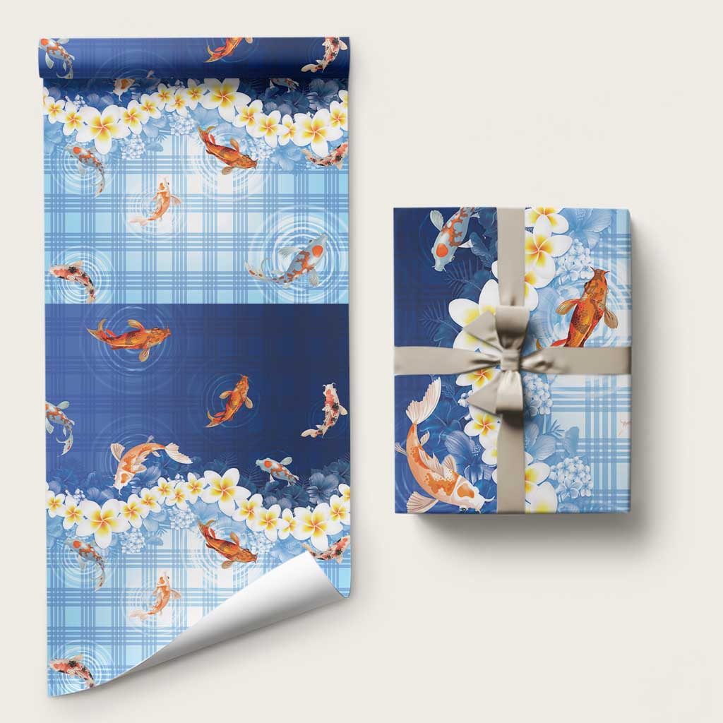 Hawaii And Japan Wrapping Paper Plumeria Lei With Koi Fish Blue LT05 58" × 23" Blue - Polynesian Pride