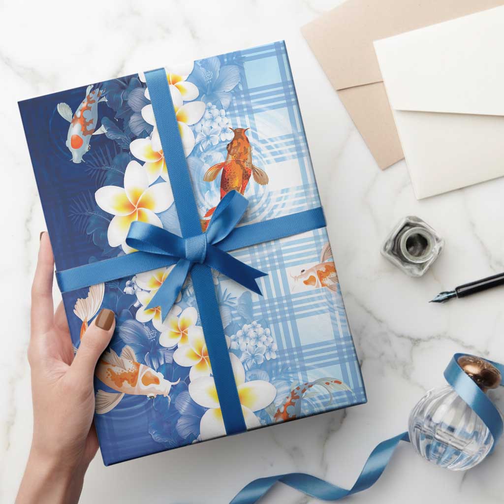Hawaii And Japan Wrapping Paper Plumeria Lei With Koi Fish Blue LT05 - Polynesian Pride