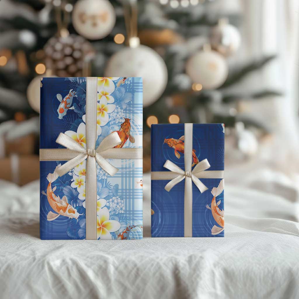 Hawaii And Japan Wrapping Paper Plumeria Lei With Koi Fish Blue LT05 - Polynesian Pride