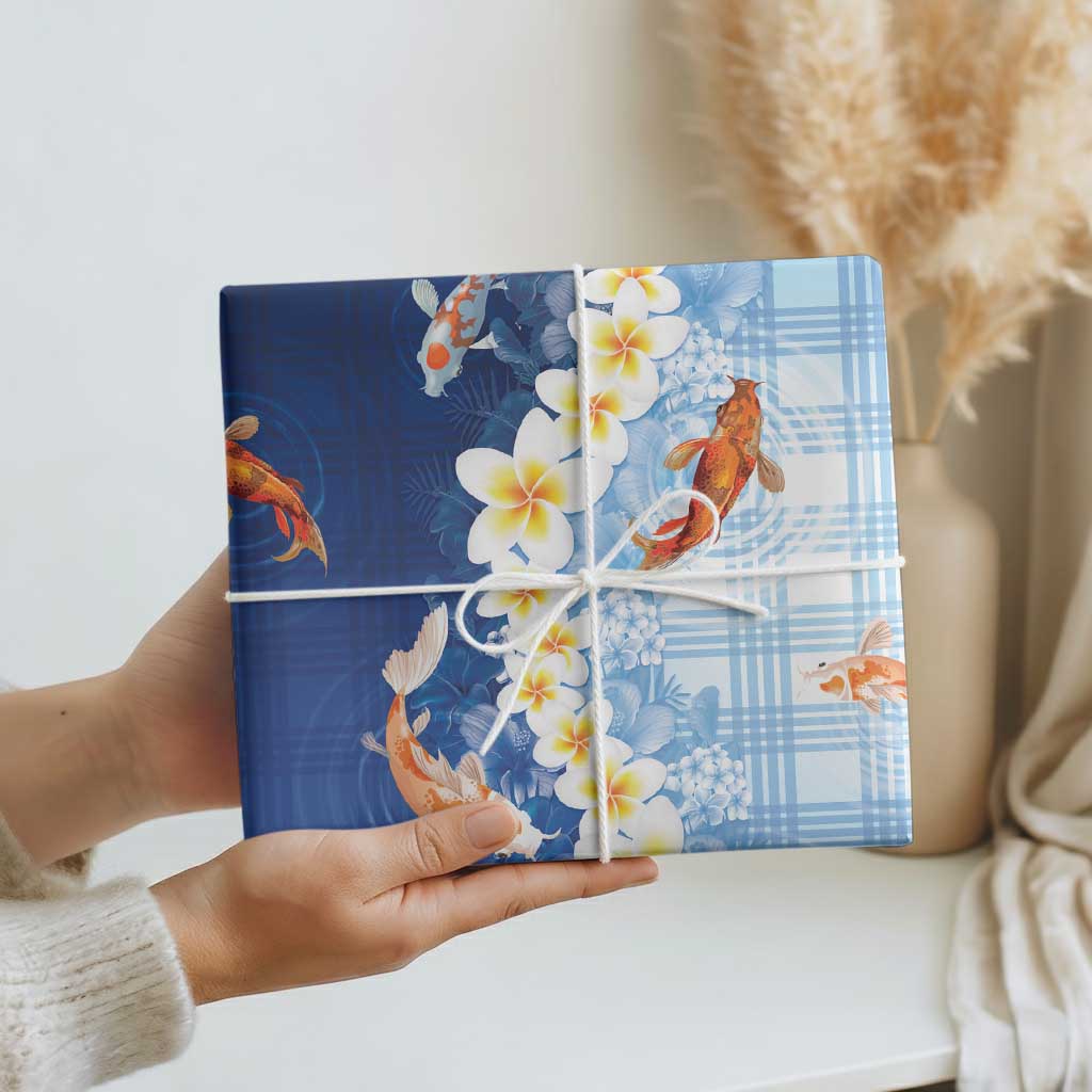 Hawaii And Japan Wrapping Paper Plumeria Lei With Koi Fish Blue LT05 - Polynesian Pride