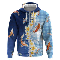 Hawaii And Japan Zip Hoodie Plumeria Lei With Koi Fish Blue LT05 Zip Hoodie Blue - Polynesian Pride