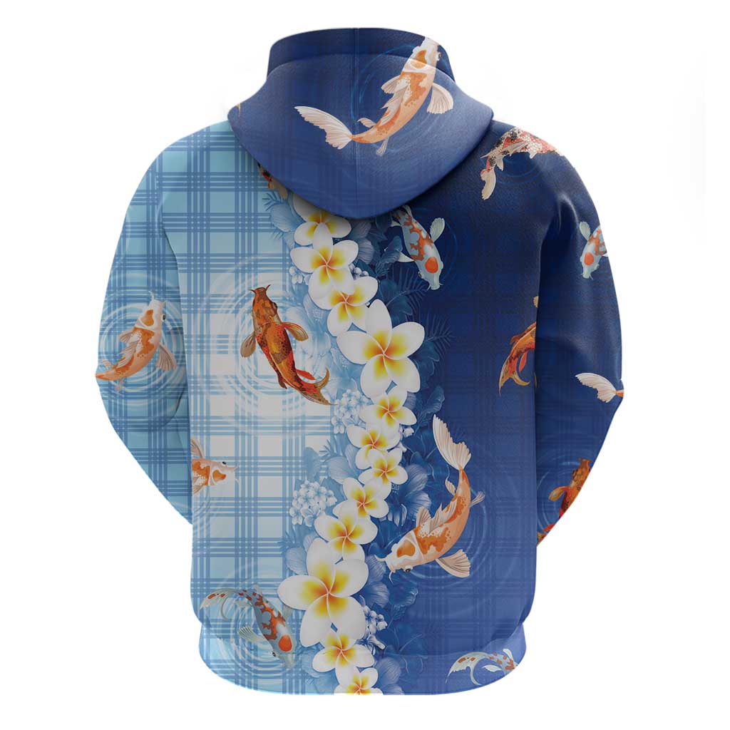 Hawaii And Japan Zip Hoodie Plumeria Lei With Koi Fish Blue LT05 - Polynesian Pride