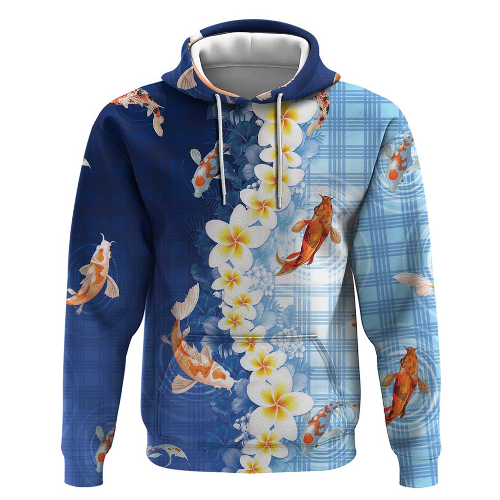 Hawaii And Japan Zip Hoodie Plumeria Lei With Koi Fish Blue LT05 Pullover Hoodie Blue - Polynesian Pride