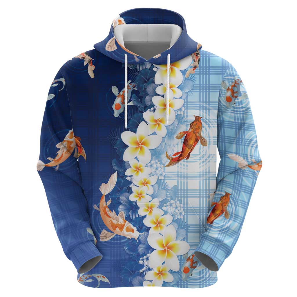 Hawaii And Japan Zip Hoodie Plumeria Lei With Koi Fish Blue LT05 - Polynesian Pride