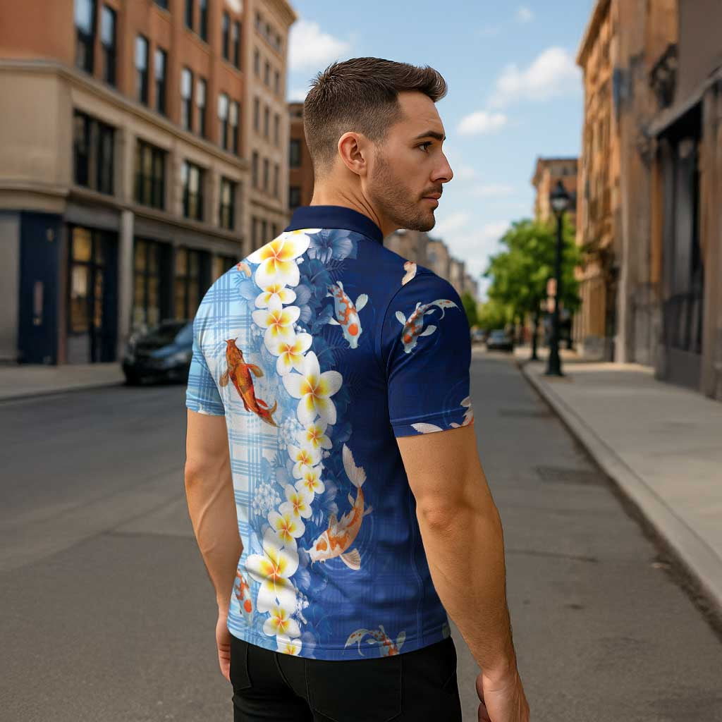 Hawaii And Japan Zipper Polo Shirt Plumeria Lei With Koi Fish Blue - Polynesian Pride