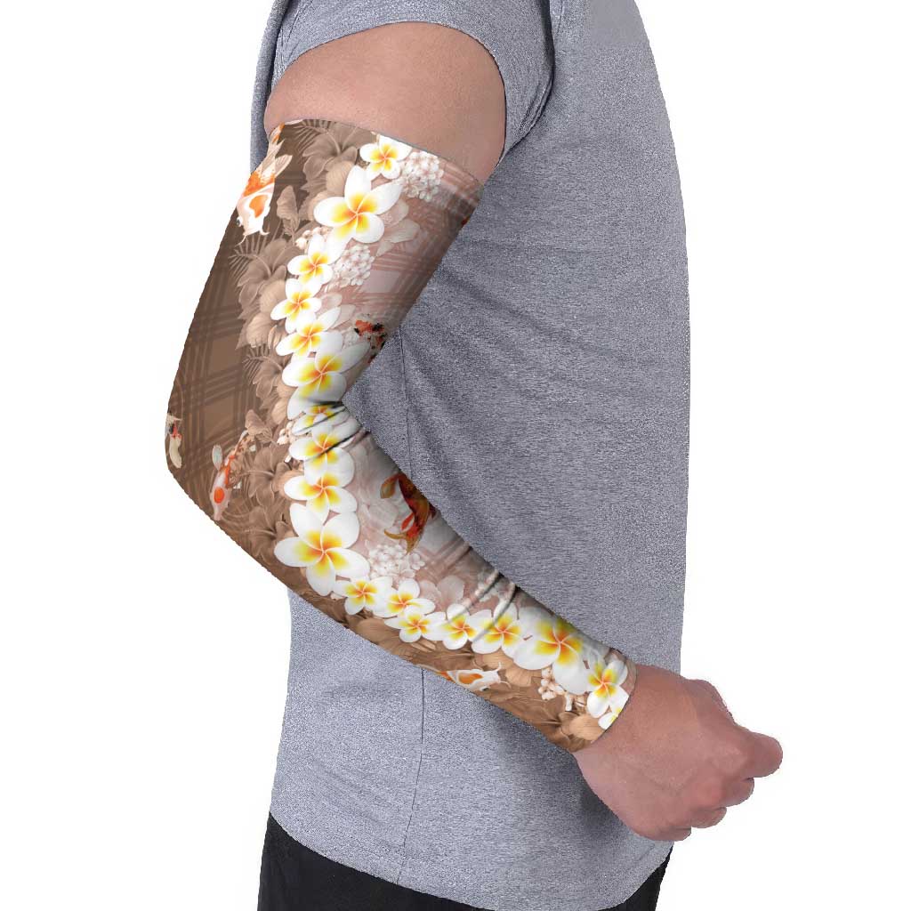 Hawaii And Japan Arm Sleeves Plumeria Lei With Koi Fish Beige LT05 - Polynesian Pride