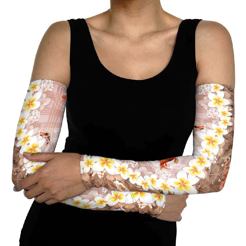 Hawaii And Japan Arm Sleeves Plumeria Lei With Koi Fish Beige LT05 - Polynesian Pride