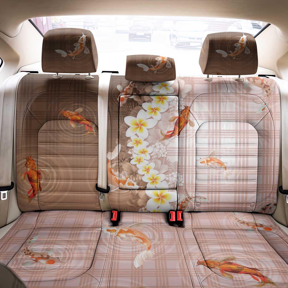 Hawaii And Japan Back Car Seat Cover Plumeria Lei With Koi Fish Beige LT05 - Polynesian Pride