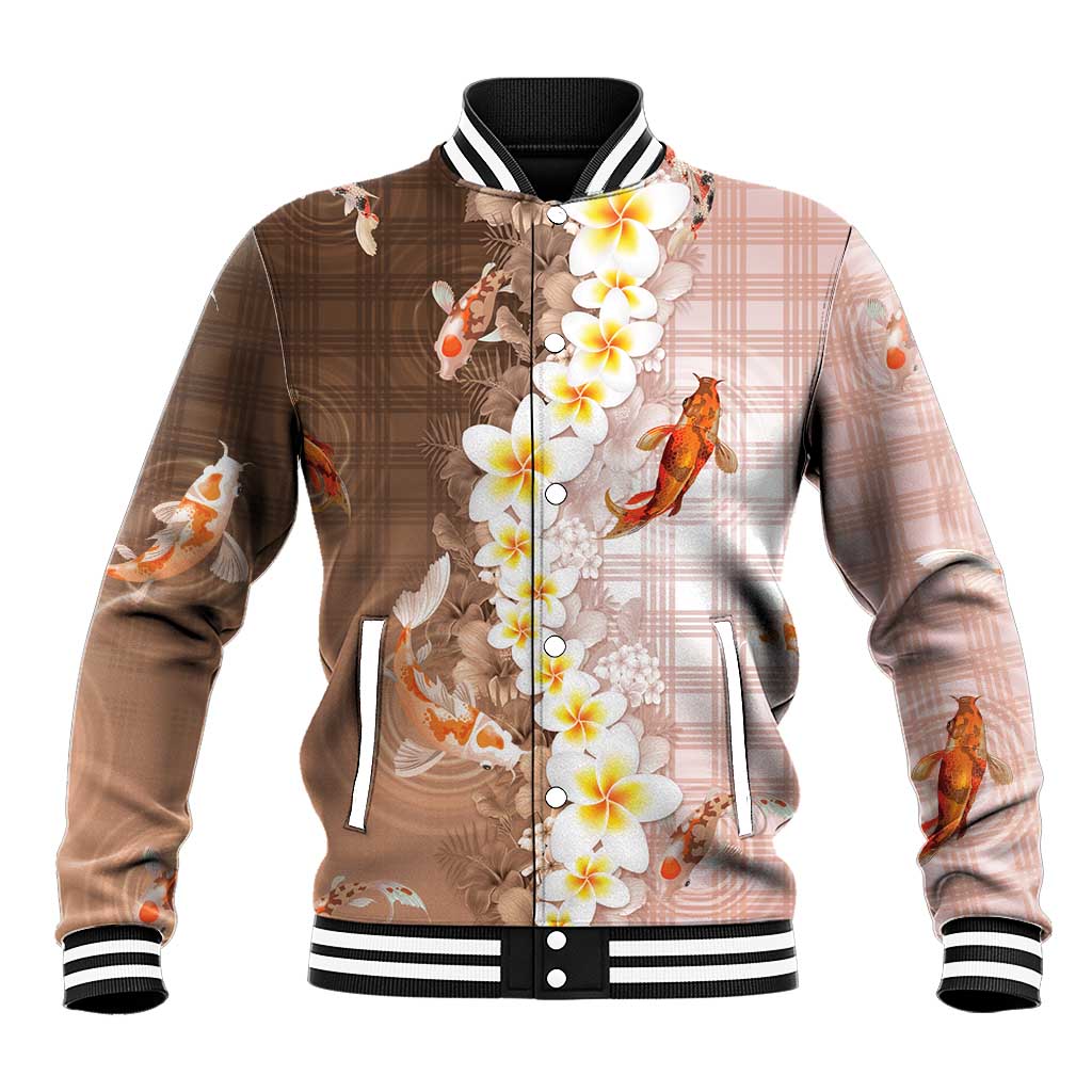 Hawaii And Japan Baseball Jacket Plumeria Lei With Koi Fish Beige LT05 Unisex Beige - Polynesian Pride