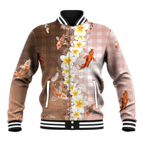 Hawaii And Japan Baseball Jacket Plumeria Lei With Koi Fish Beige LT05 Unisex Beige - Polynesian Pride
