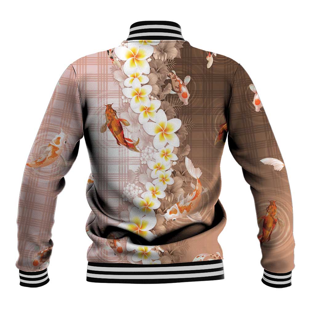 Hawaii And Japan Baseball Jacket Plumeria Lei With Koi Fish Beige LT05 - Polynesian Pride
