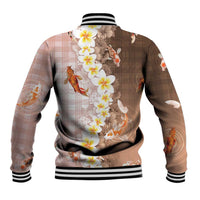Hawaii And Japan Baseball Jacket Plumeria Lei With Koi Fish Beige LT05 - Polynesian Pride