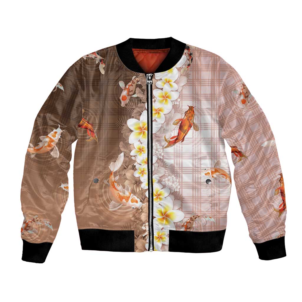 Hawaii And Japan Bomber Jacket Plumeria Lei With Koi Fish Beige LT05 Unisex Beige - Polynesian Pride