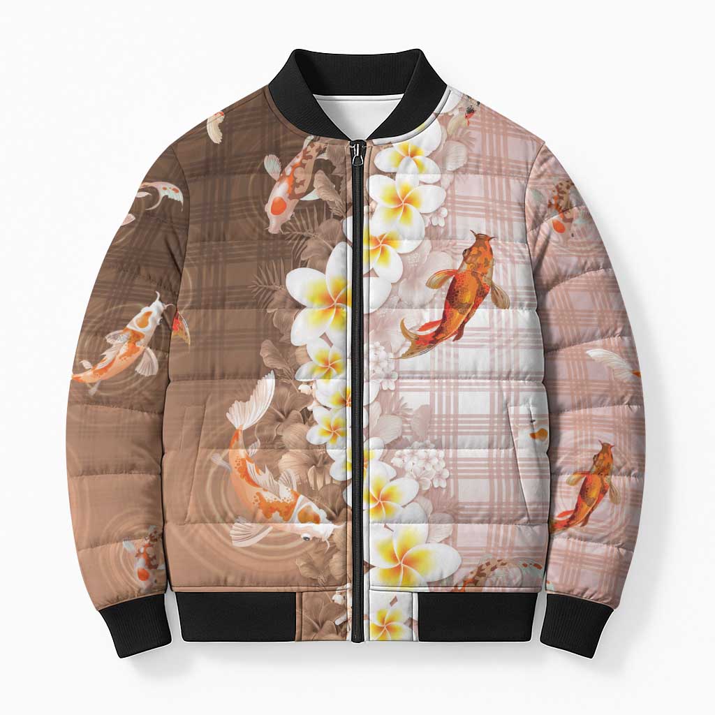 Hawaii And Japan Bomber Puffer Jacket Plumeria Lei With Koi Fish Beige LT05 Unisex Beige - Polynesian Pride