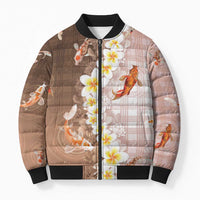 Hawaii And Japan Bomber Puffer Jacket Plumeria Lei With Koi Fish Beige LT05 Unisex Beige - Polynesian Pride