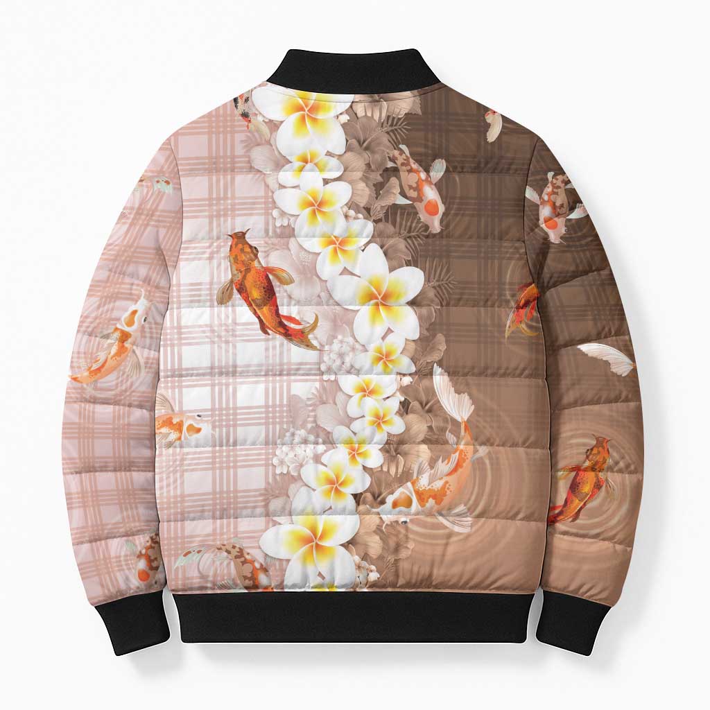 Hawaii And Japan Bomber Puffer Jacket Plumeria Lei With Koi Fish Beige LT05 - Polynesian Pride