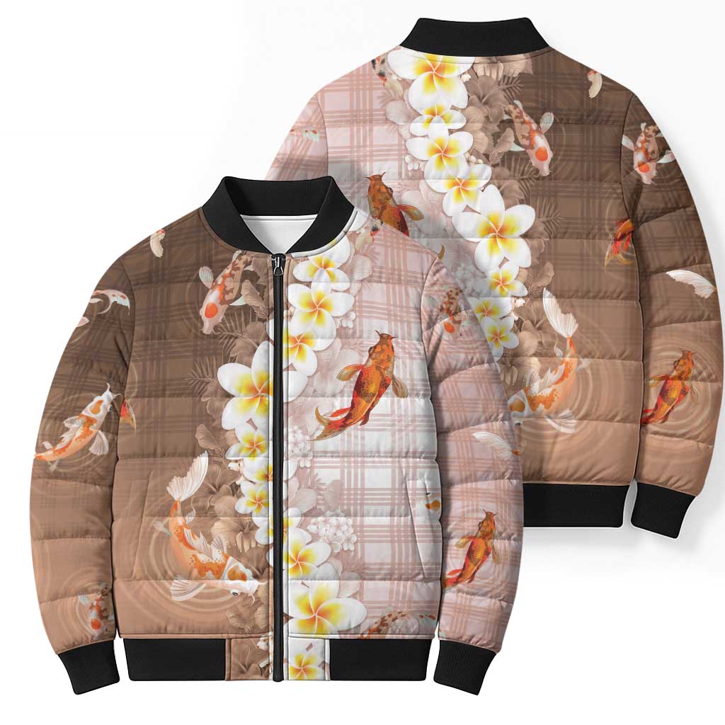 Hawaii And Japan Bomber Puffer Jacket Plumeria Lei With Koi Fish Beige LT05 - Polynesian Pride