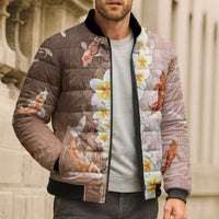 Hawaii And Japan Bomber Puffer Jacket Plumeria Lei With Koi Fish Beige LT05 - Polynesian Pride