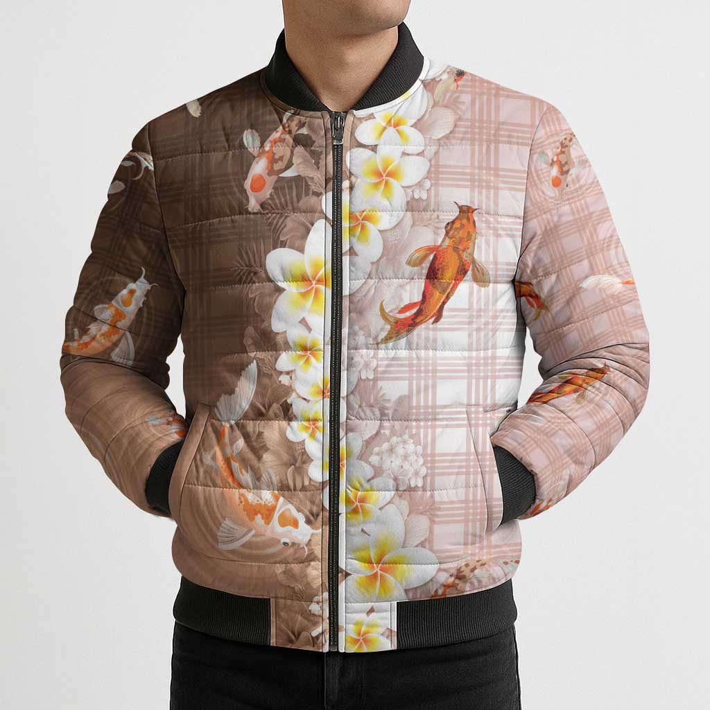 Hawaii And Japan Bomber Puffer Jacket Plumeria Lei With Koi Fish Beige LT05 - Polynesian Pride
