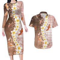 Hawaii And Japan Couples Matching Long Sleeve Bodycon Dress and Hawaiian Shirt Plumeria Lei With Koi Fish Beige - Polynesian Pride