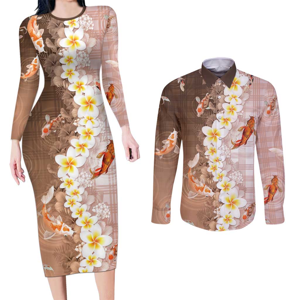 Hawaii And Japan Couples Matching Long Sleeve Bodycon Dress and Long Sleeve Button Shirt Plumeria Lei With Koi Fish Beige - Polynesian Pride