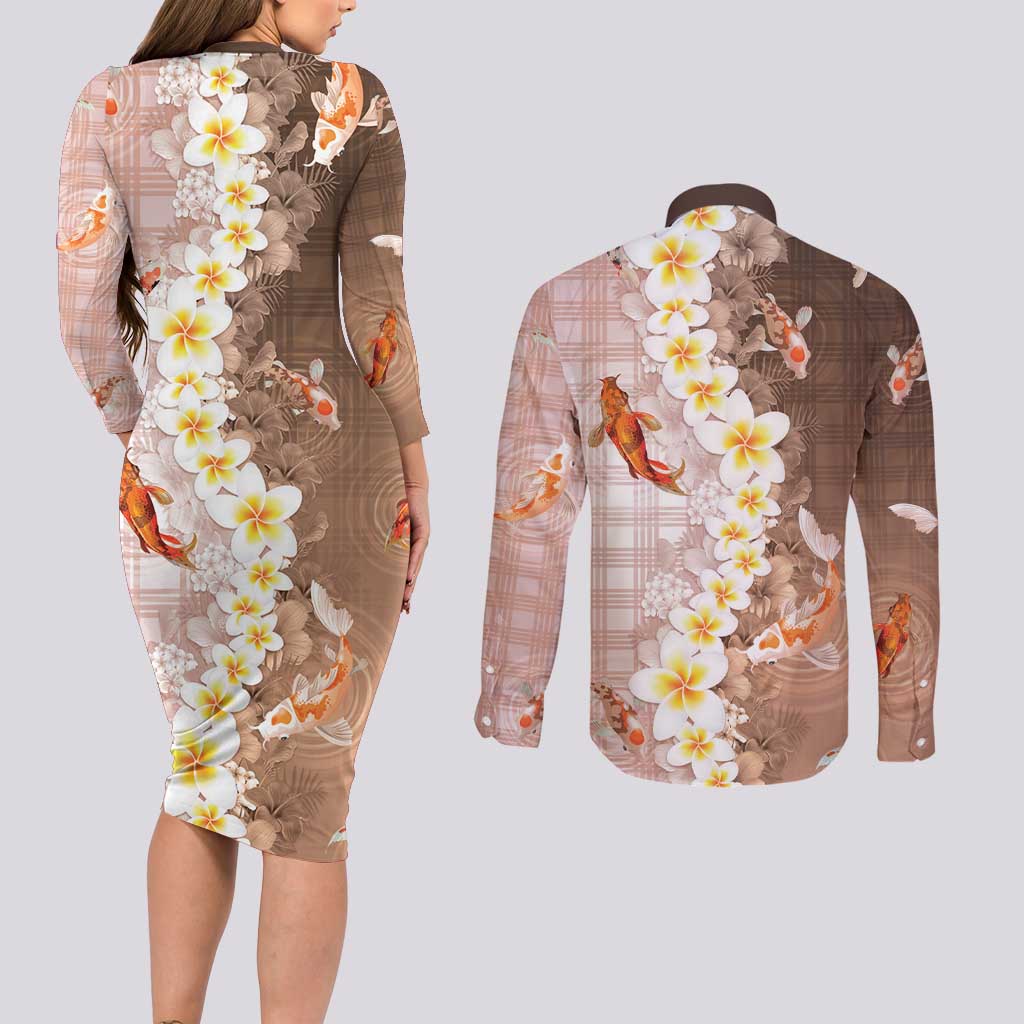 Hawaii And Japan Couples Matching Long Sleeve Bodycon Dress and Long Sleeve Button Shirt Plumeria Lei With Koi Fish Beige - Polynesian Pride