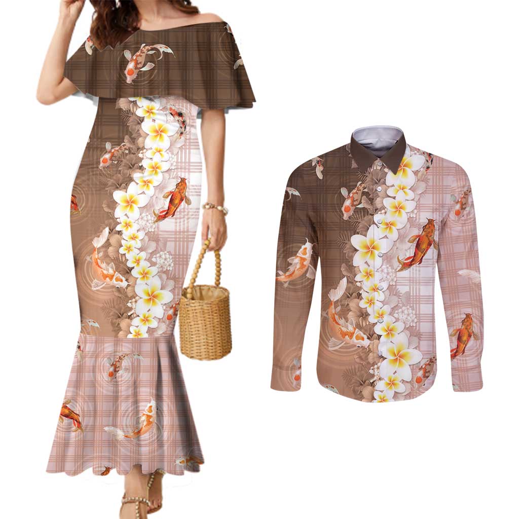 Hawaii And Japan Couples Matching Mermaid Dress and Long Sleeve Button Shirt Plumeria Lei With Koi Fish Beige - Polynesian Pride