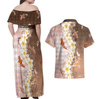 Hawaii And Japan Couples Matching Off Shoulder Maxi Dress and Hawaiian Shirt Plumeria Lei With Koi Fish Beige - Polynesian Pride