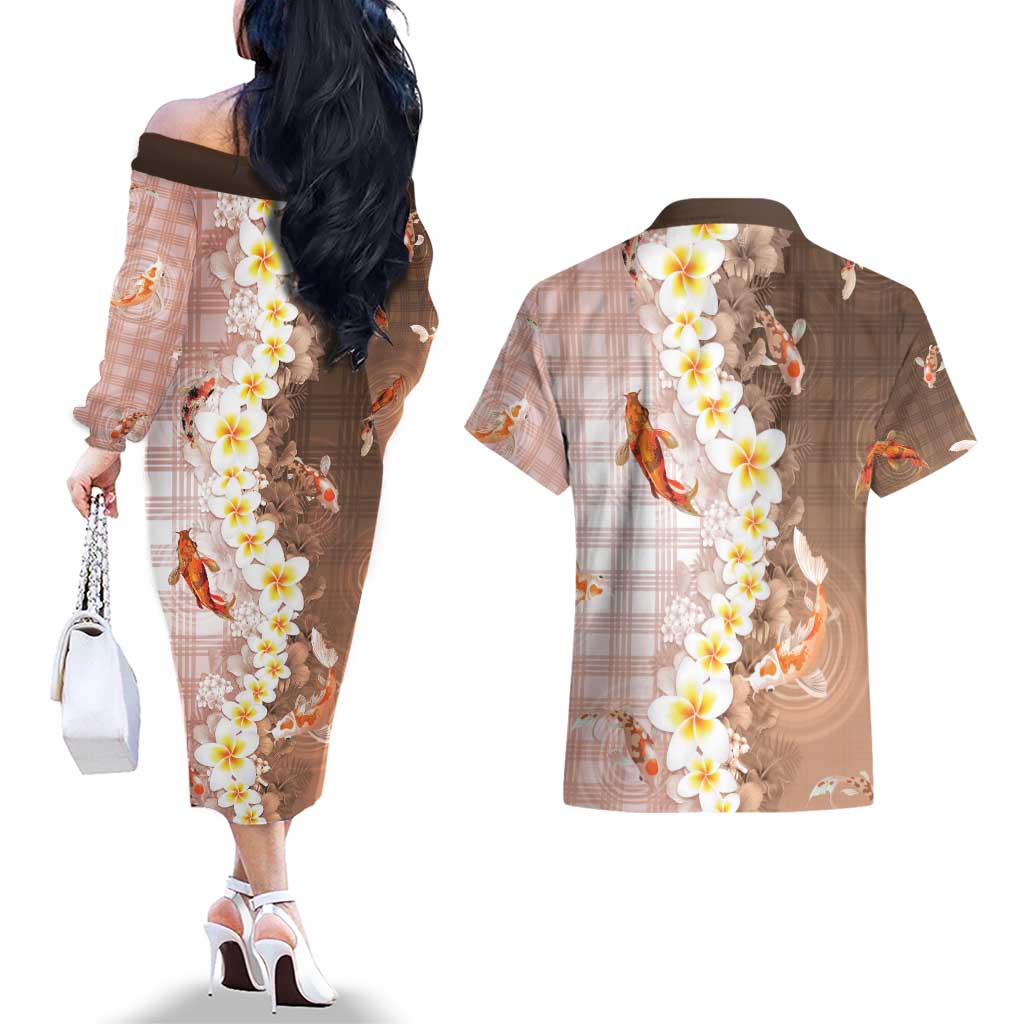Hawaii And Japan Couples Matching Off The Shoulder Long Sleeve Dress and Hawaiian Shirt Plumeria Lei With Koi Fish Beige - Polynesian Pride