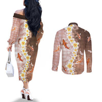 Hawaii And Japan Couples Matching Off The Shoulder Long Sleeve Dress and Long Sleeve Button Shirt Plumeria Lei With Koi Fish Beige - Polynesian Pride