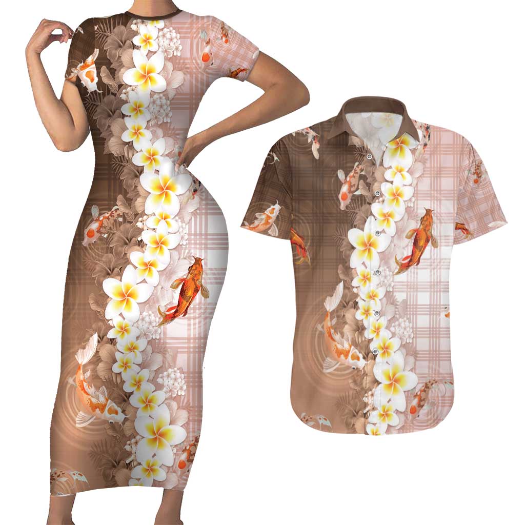 Hawaii And Japan Couples Matching Short Sleeve Bodycon Dress and Hawaiian Shirt Plumeria Lei With Koi Fish Beige - Polynesian Pride
