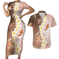 Hawaii And Japan Couples Matching Short Sleeve Bodycon Dress and Hawaiian Shirt Plumeria Lei With Koi Fish Beige - Polynesian Pride