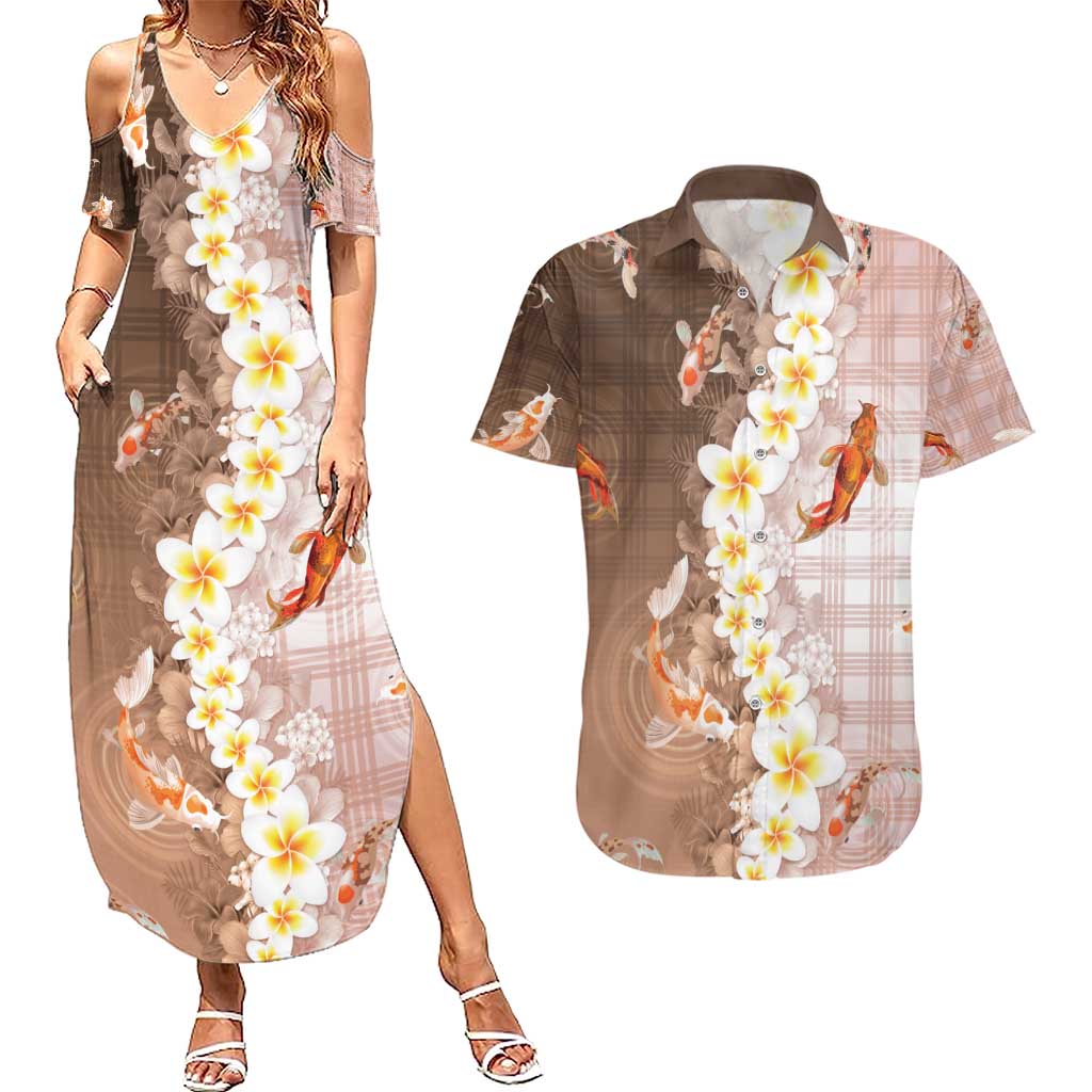 Hawaii And Japan Couples Matching Summer Maxi Dress and Hawaiian Shirt Plumeria Lei With Koi Fish Beige - Polynesian Pride