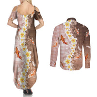 Hawaii And Japan Couples Matching Summer Maxi Dress and Long Sleeve Button Shirt Plumeria Lei With Koi Fish Beige - Polynesian Pride