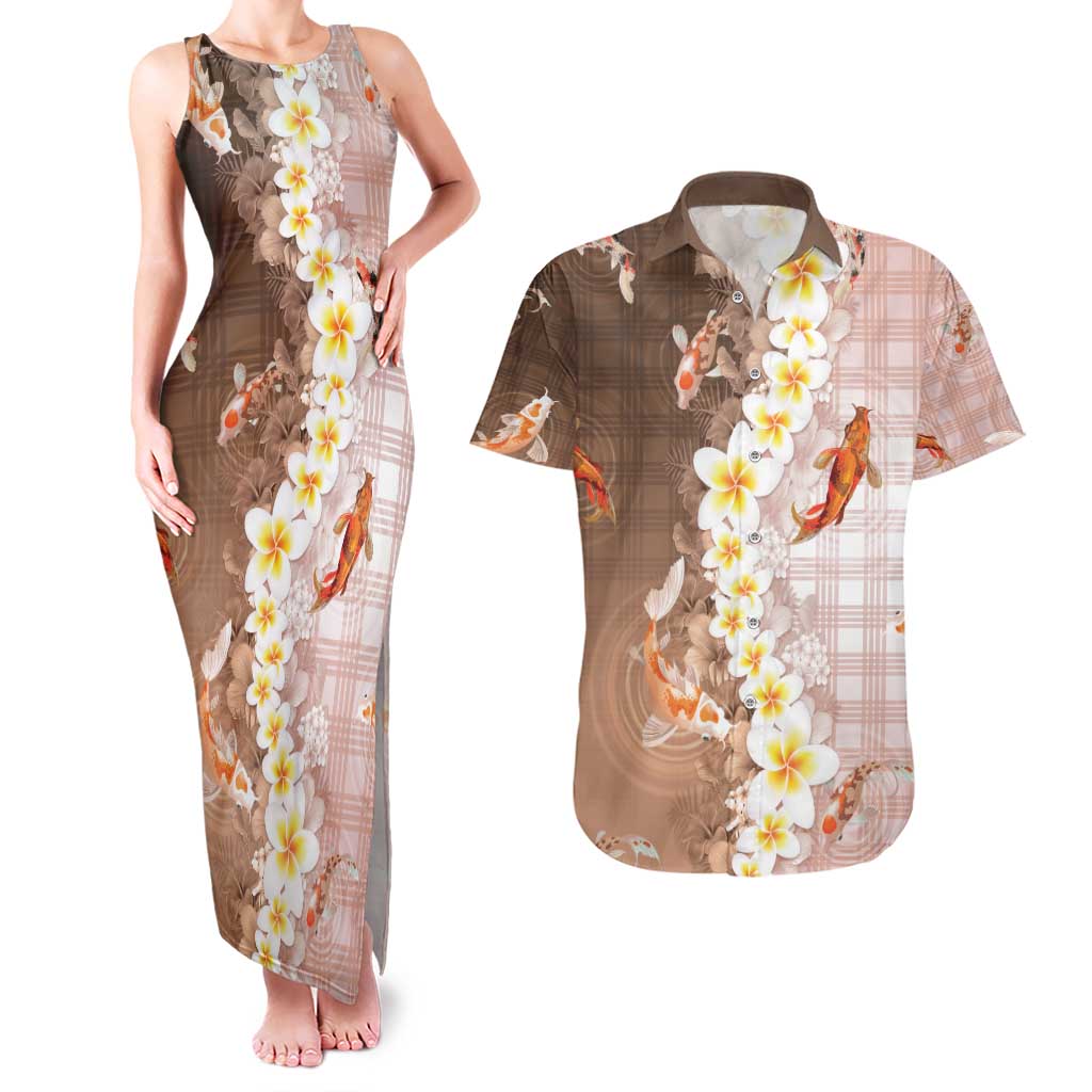 Hawaii And Japan Couples Matching Tank Maxi Dress and Hawaiian Shirt Plumeria Lei With Koi Fish Beige - Polynesian Pride