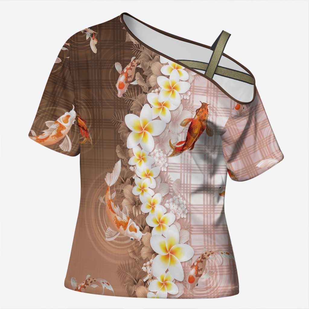 Hawaii And Japan Cross Shoulder Shirt Plumeria Lei With Koi Fish Beige LT05 Female Beige - Polynesian Pride