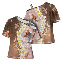 Hawaii And Japan Cross Shoulder Shirt Plumeria Lei With Koi Fish Beige LT05 - Polynesian Pride