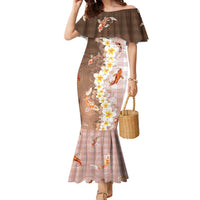 Hawaii And Japan Family Matching Mermaid Dress and Hawaiian Shirt Plumeria Lei With Koi Fish Beige - Polynesian Pride