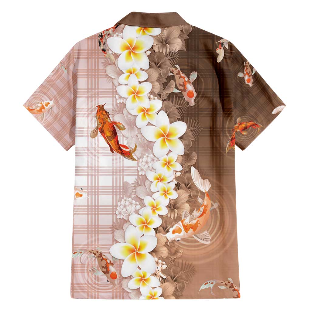 Hawaii And Japan Family Matching Off Shoulder Short Dress and Hawaiian Shirt Plumeria Lei With Koi Fish Beige - Polynesian Pride