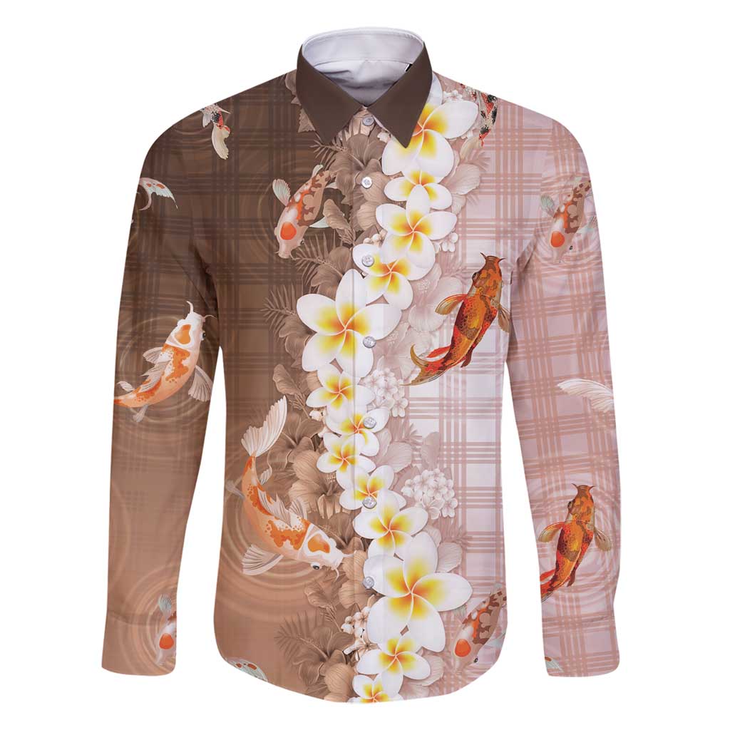 Hawaii And Japan Family Matching Off Shoulder Short Dress and Hawaiian Shirt Plumeria Lei With Koi Fish Beige - Polynesian Pride