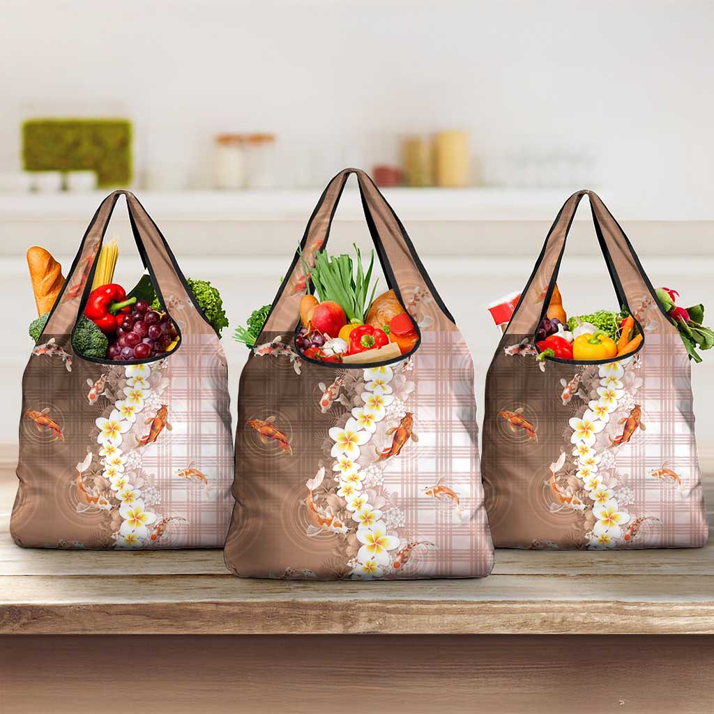 Hawaii And Japan Grocery Bag Plumeria Lei With Koi Fish Beige - Polynesian Pride