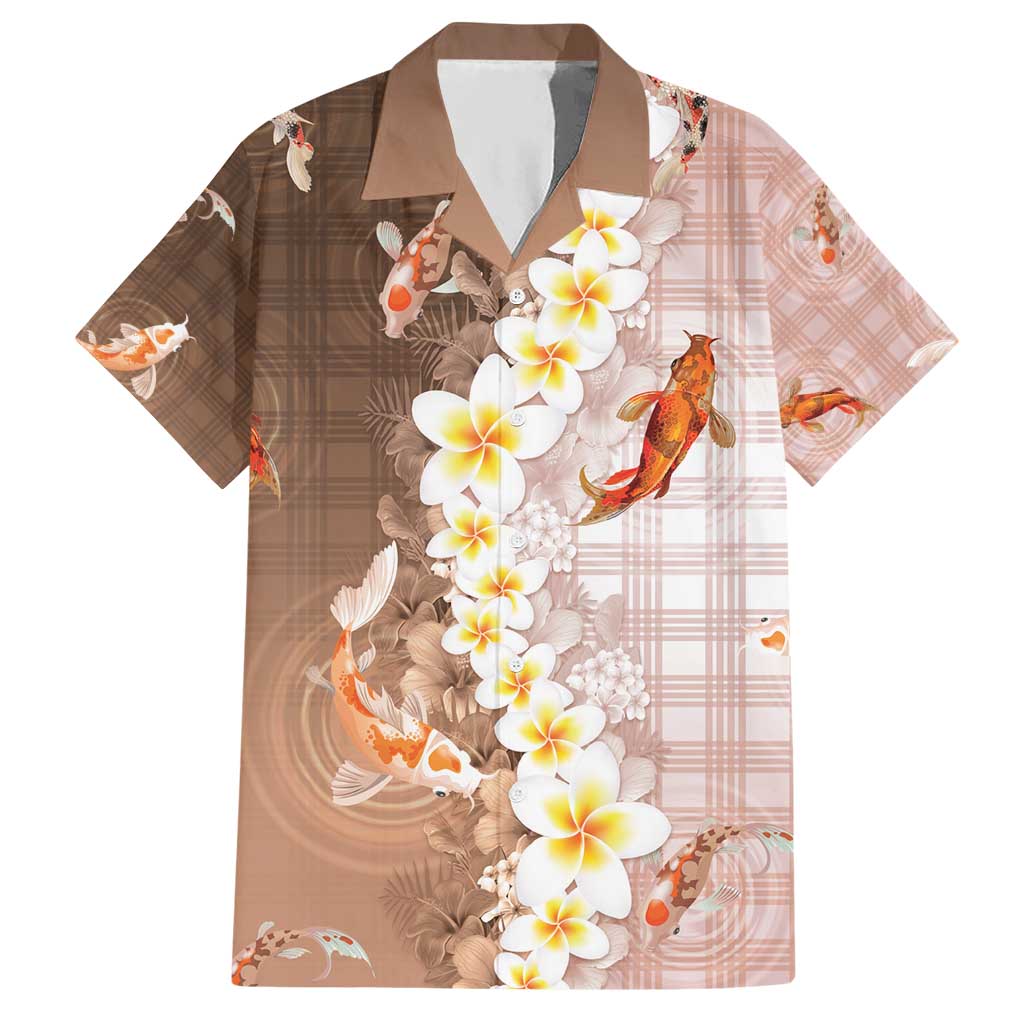 Hawaii And Japan Hawaiian Shirt Plumeria Lei With Koi Fish Beige - Polynesian Pride