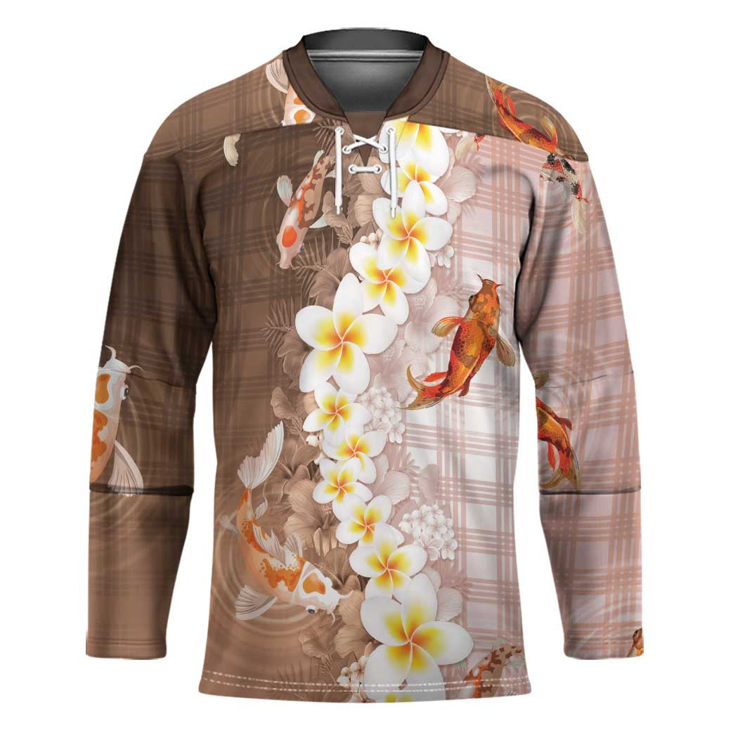 Hawaii And Japan Hockey Jersey Plumeria Lei With Koi Fish Beige - Polynesian Pride