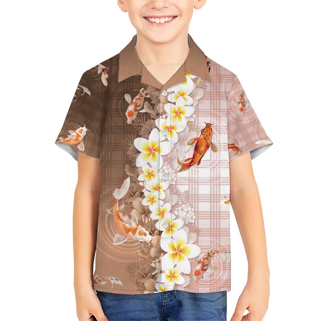 Hawaii And Japan Kid Hawaiian Shirt Plumeria Lei With Koi Fish Beige - Polynesian Pride