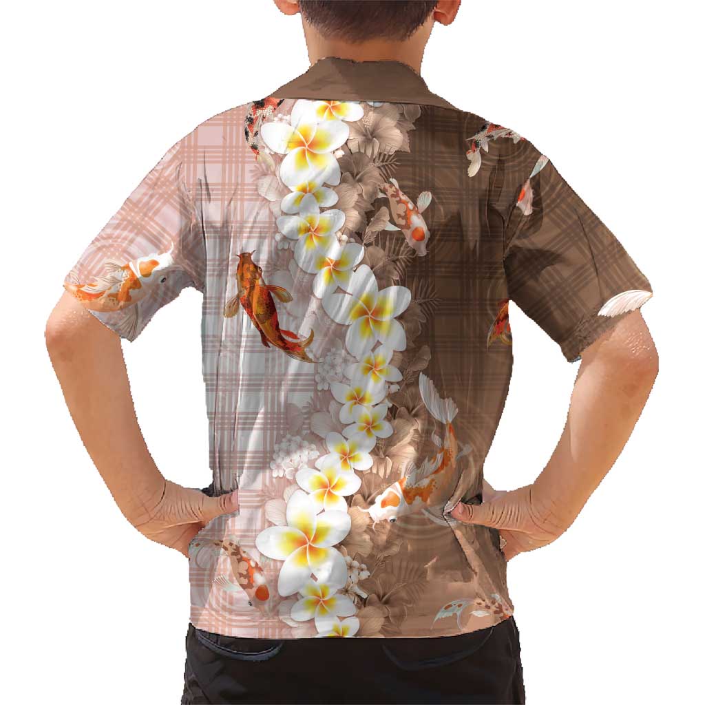 Hawaii And Japan Kid Hawaiian Shirt Plumeria Lei With Koi Fish Beige LT05 - Polynesian Pride