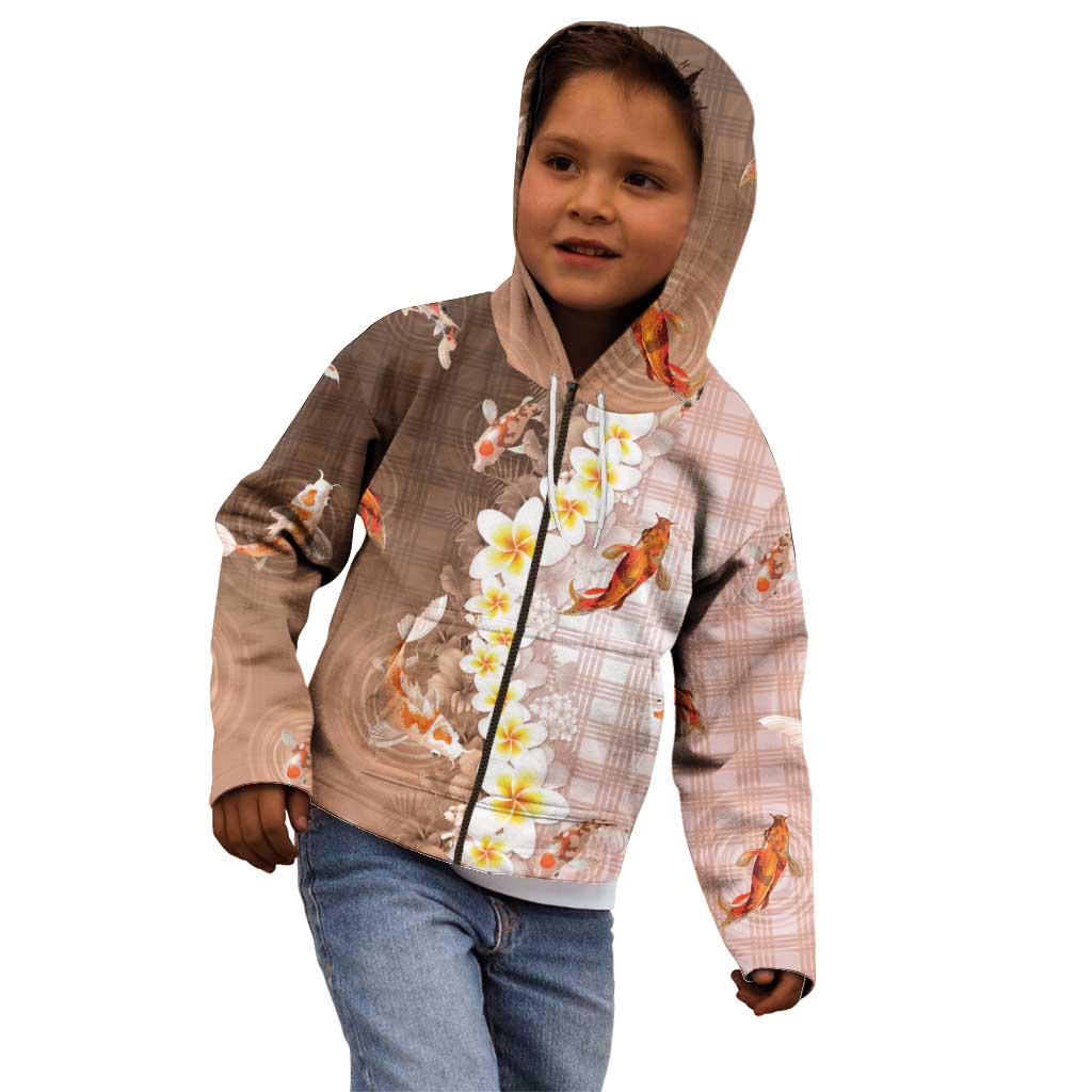 Hawaii And Japan Kid Hoodie Plumeria Lei With Koi Fish Beige - Polynesian Pride