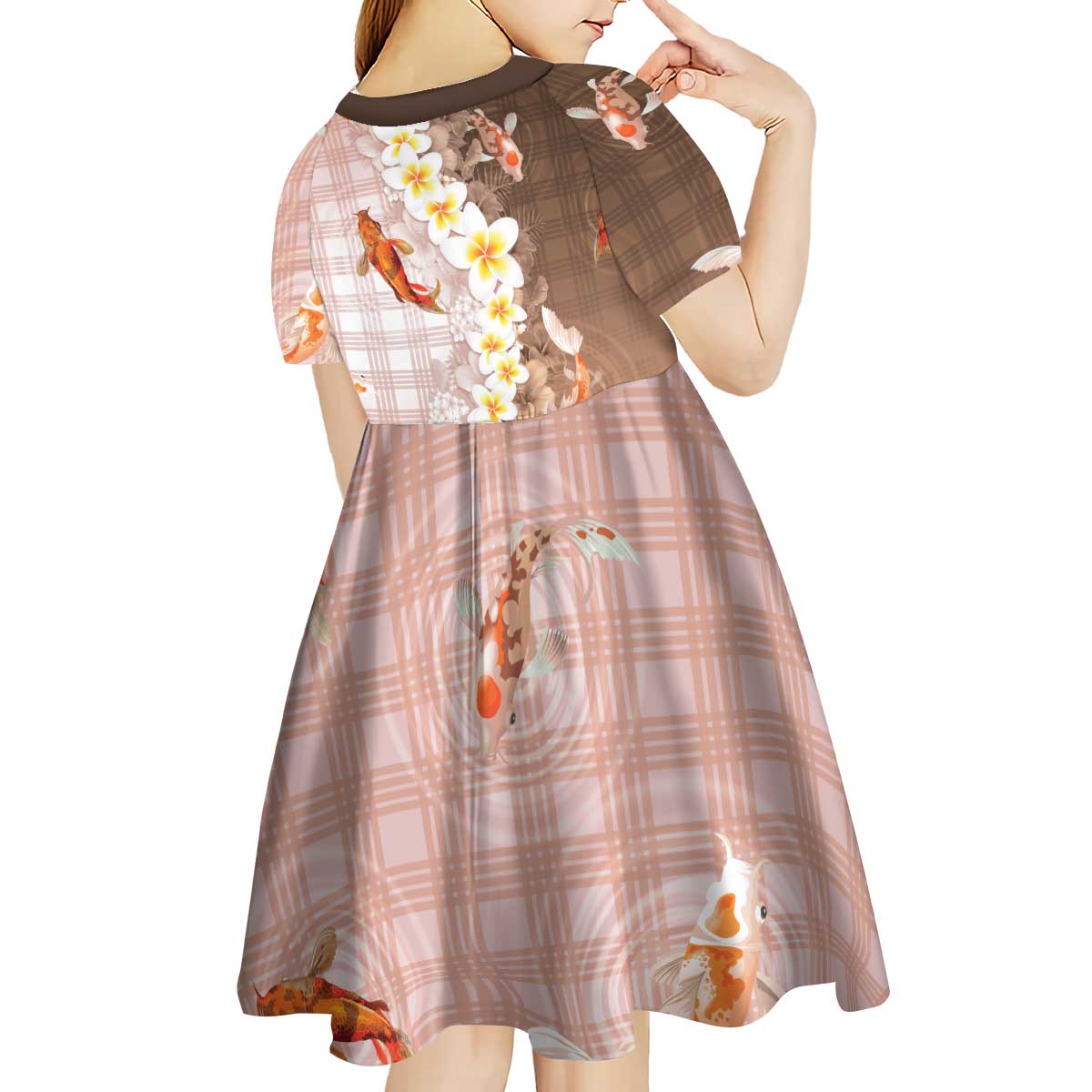 Hawaii And Japan Kid Short Sleeve Dress Plumeria Lei With Koi Fish Beige LT05 - Polynesian Pride