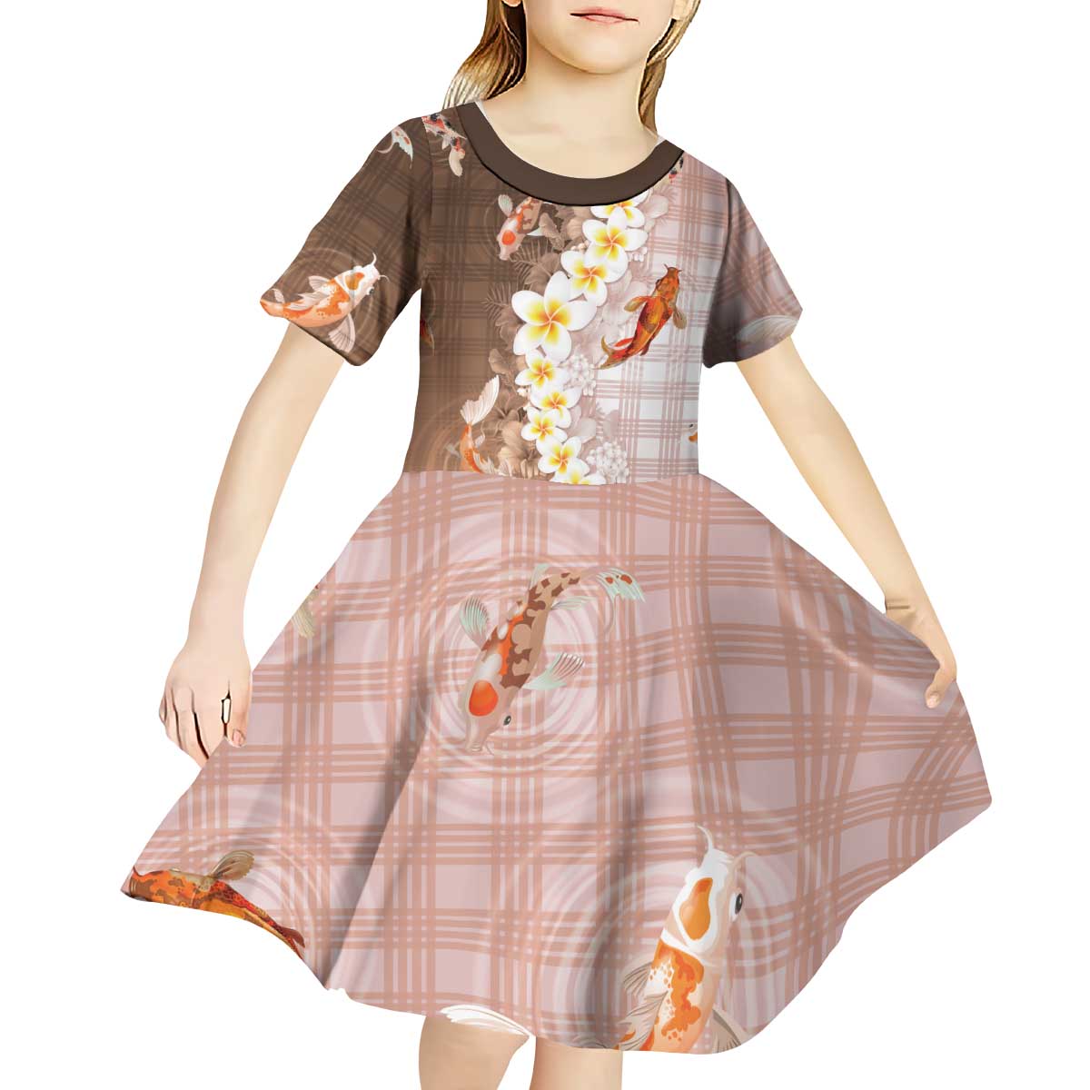 Hawaii And Japan Kid Short Sleeve Dress Plumeria Lei With Koi Fish Beige LT05 - Polynesian Pride